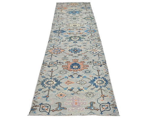 12 Ft Silver Gray Aryana Afghan Hand Knotted Veg Dye Wool Runner Rug